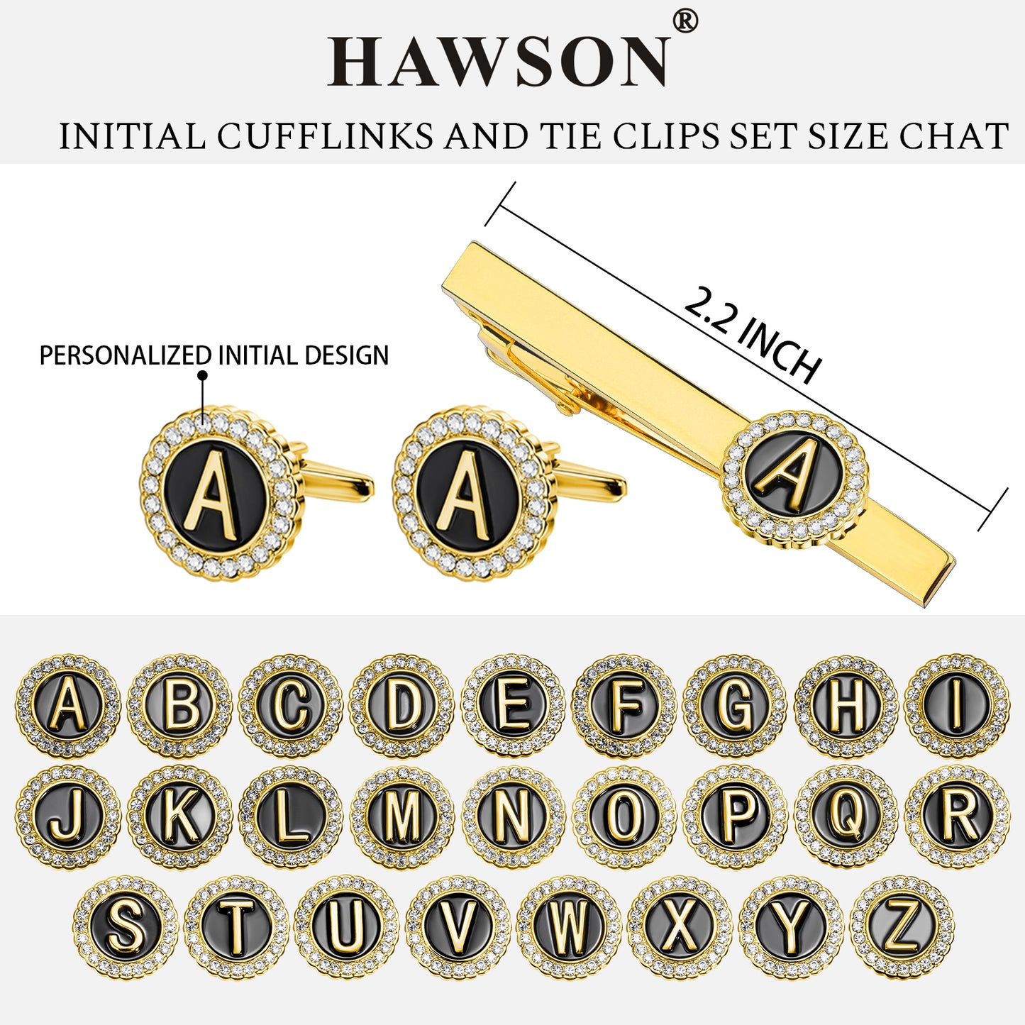 HAWSON Fashion Personalized18K Gold Color initial Cufflinks and Tie clips