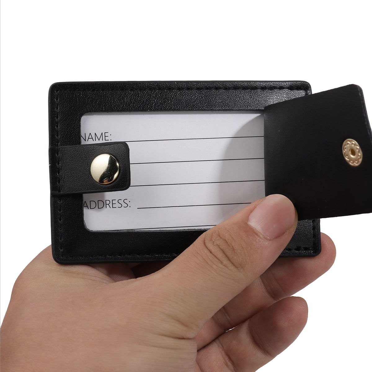 Black Genuine Leather Masonic Luggage Tag | Rectangle Snap Closure Travel ID