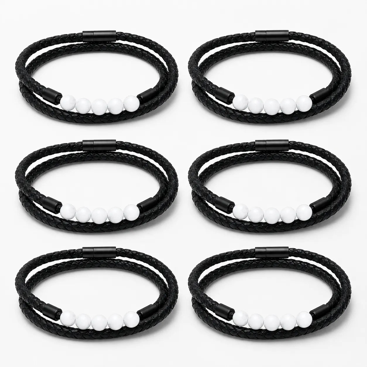 6Pcs Black Double-Wrap Bracelet Set | White Bead Accent