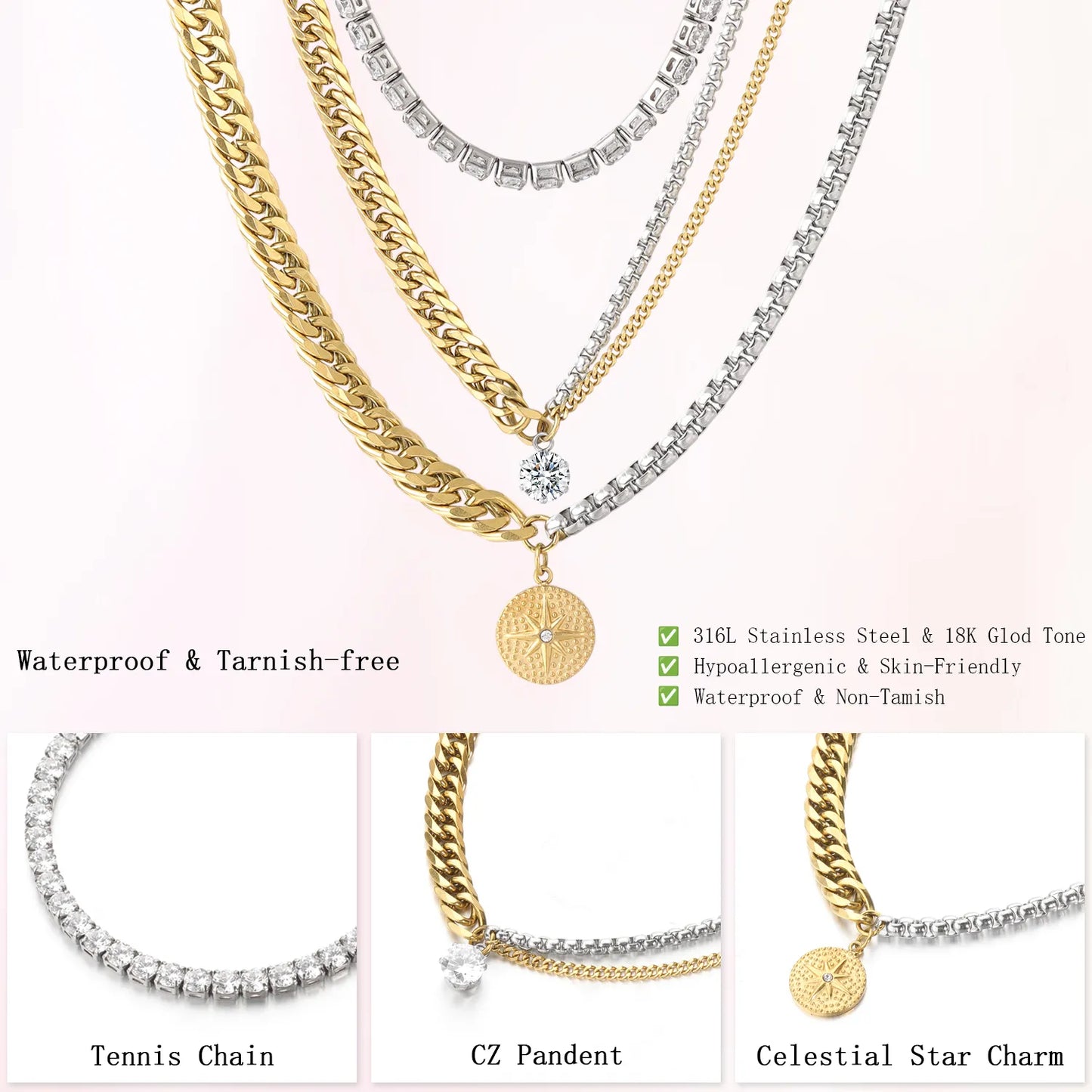 Gold & Silver Mixed Chain Necklace Set | 3-Piece Multi-Way