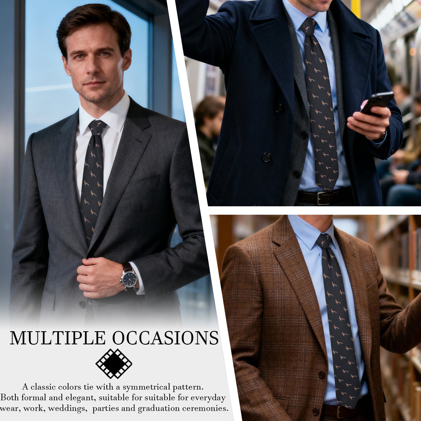 Black Pheasant Print Microfiber Tie - 59" Length 3" Width Men's Funny Formal Business Necktie, 1200-Needle Jacquard Weave, Fits Four-in-Hand/Windsor/Half-Windsor Knots for Daily/Business Occasions