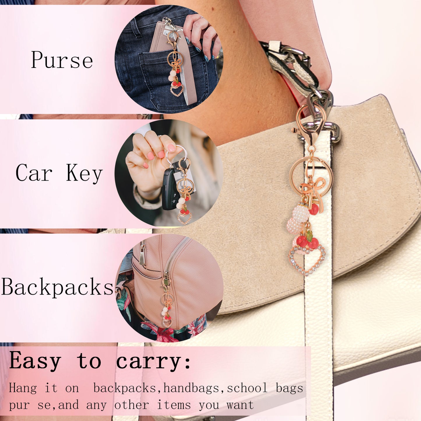 Cherry Heart Bag Charm Keychain | Fruit Pendant Purse Accessory