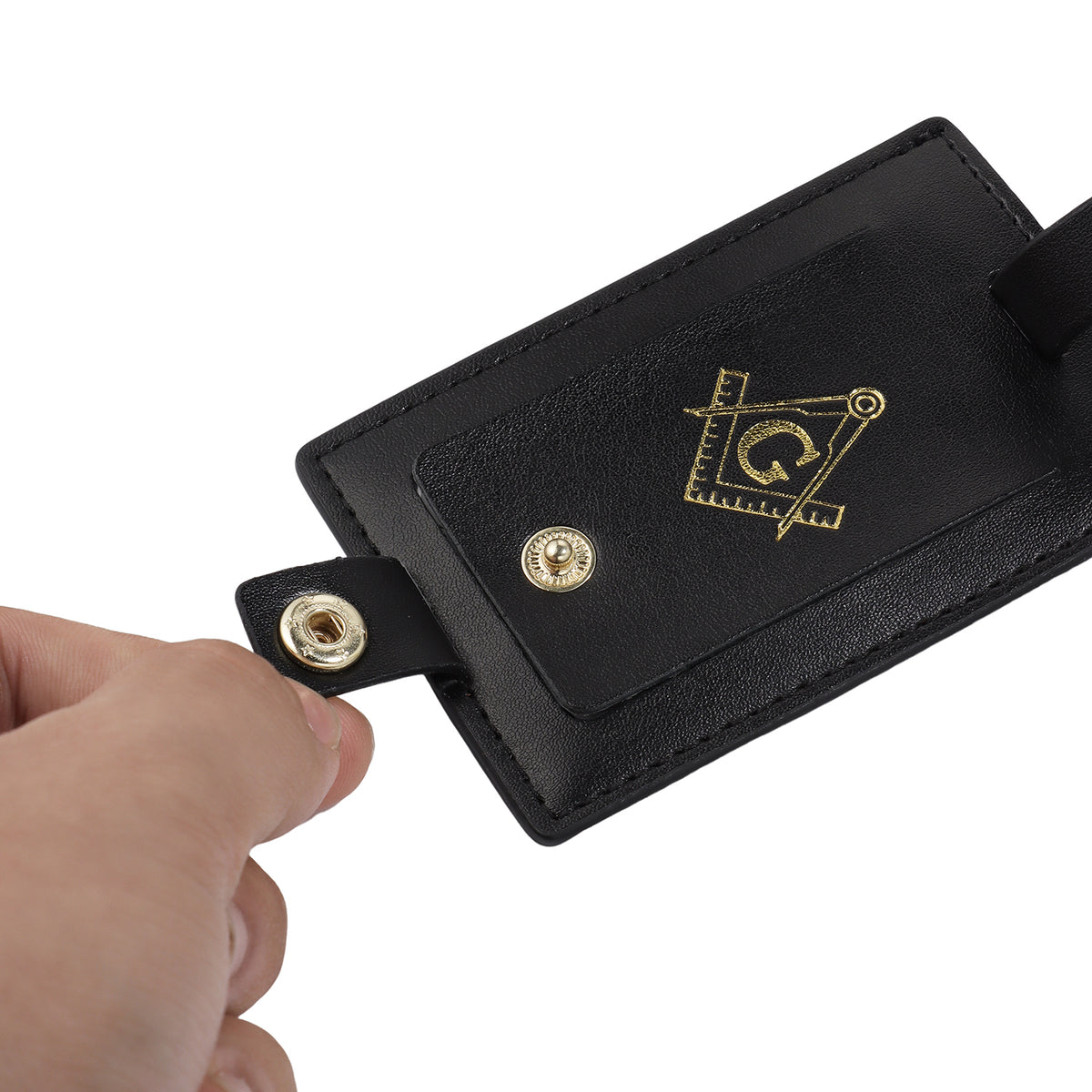 Black Genuine Leather Masonic Luggage Tag | Rectangle Snap Closure Travel ID