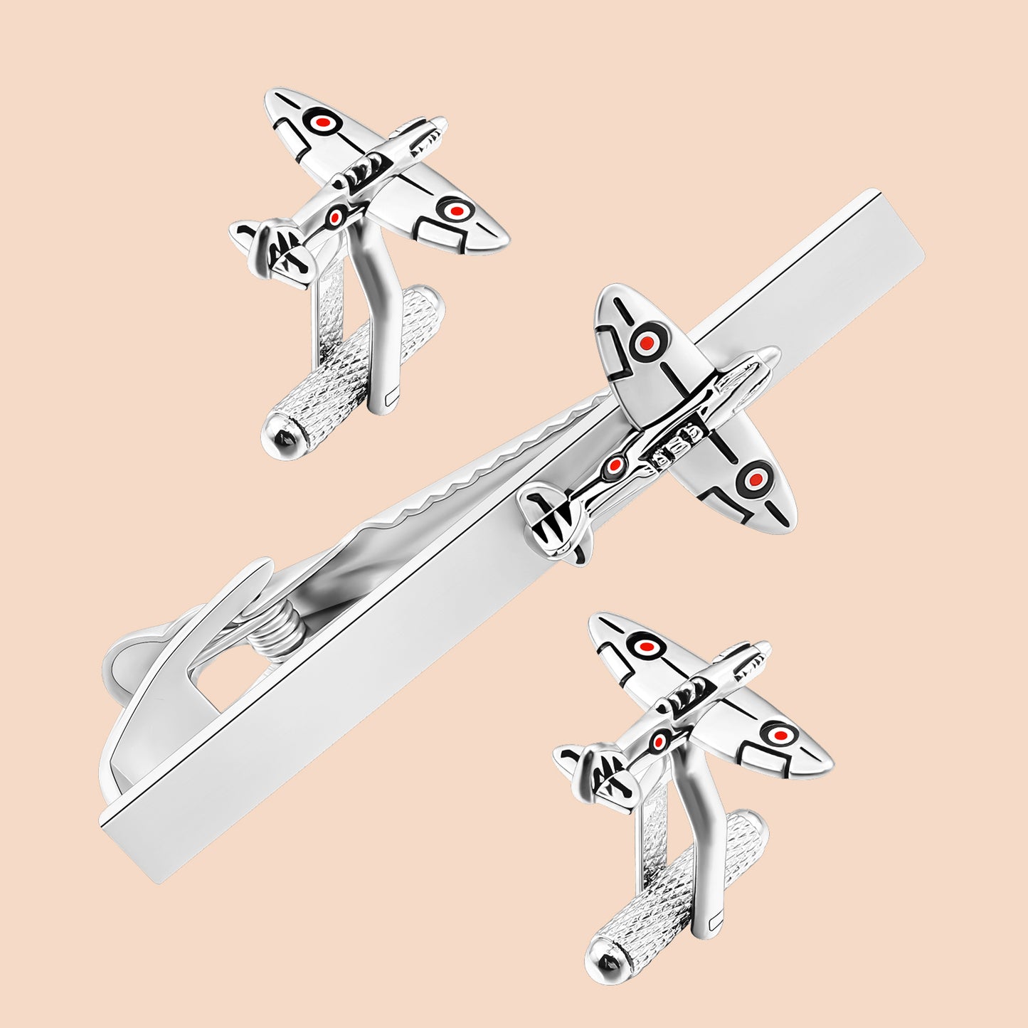 HAWSON Silver Tone Ariplane Cufflinks and Tie Clip Set for Men