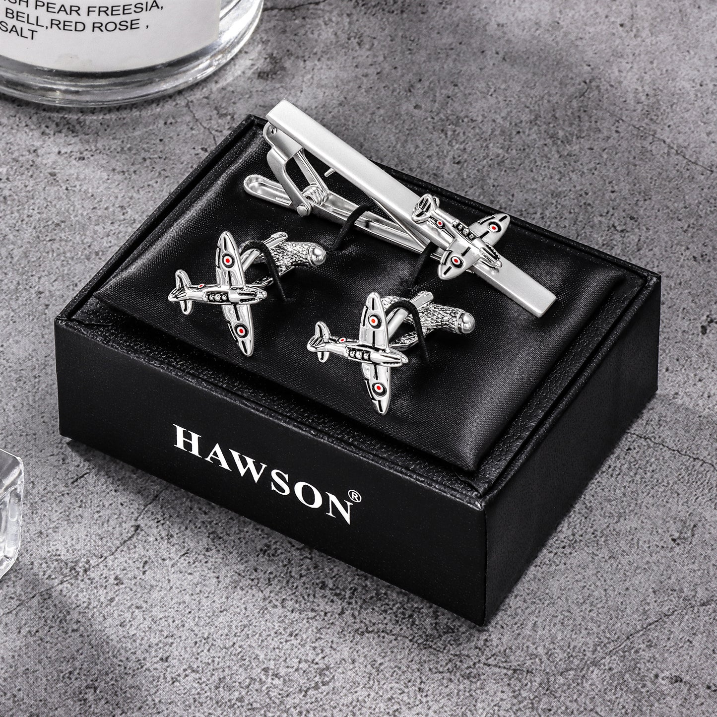 HAWSON Silver Tone Ariplane Cufflinks and Tie Clip Set for Men