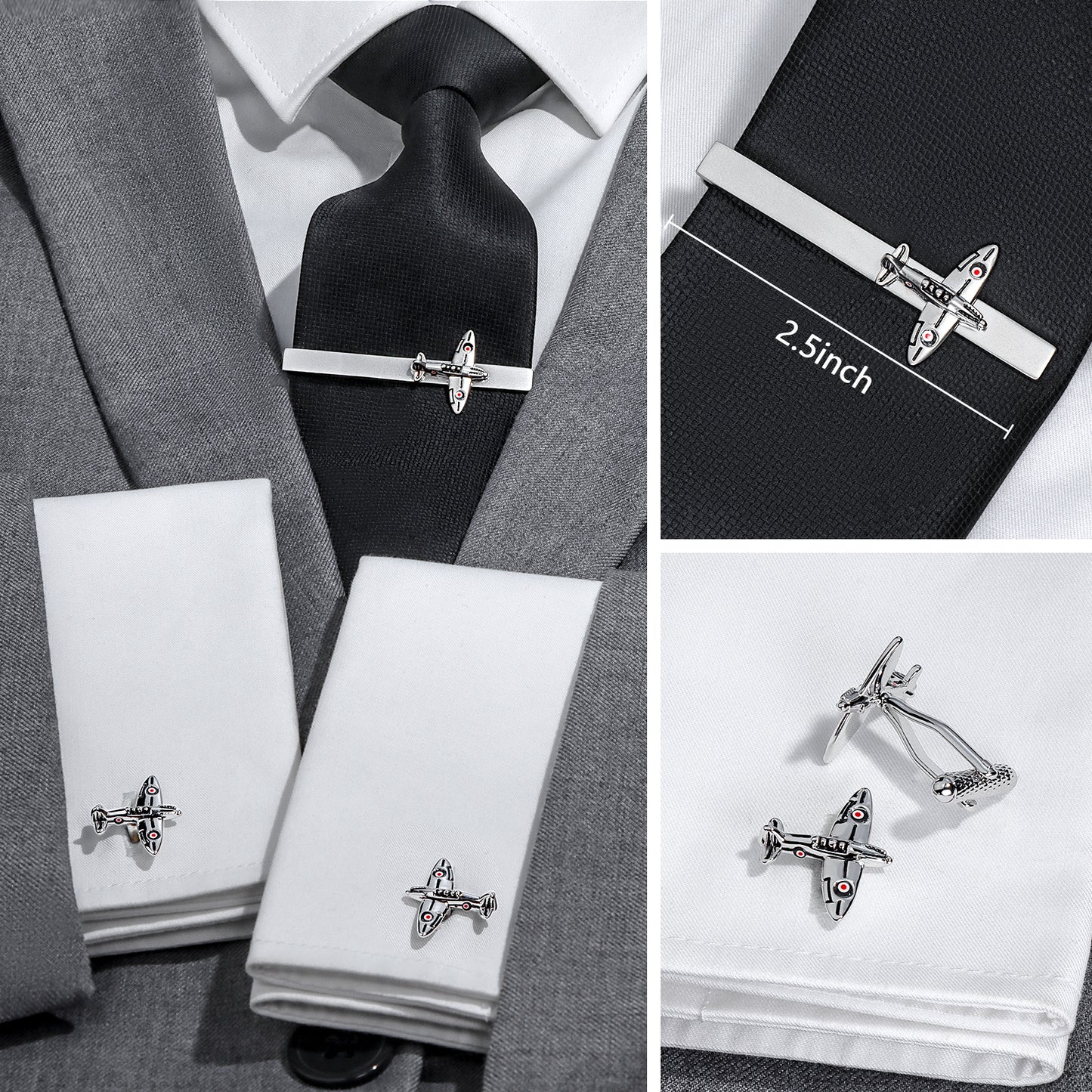 HAWSON Silver Tone Ariplane Cufflinks and Tie Clip Set for Men