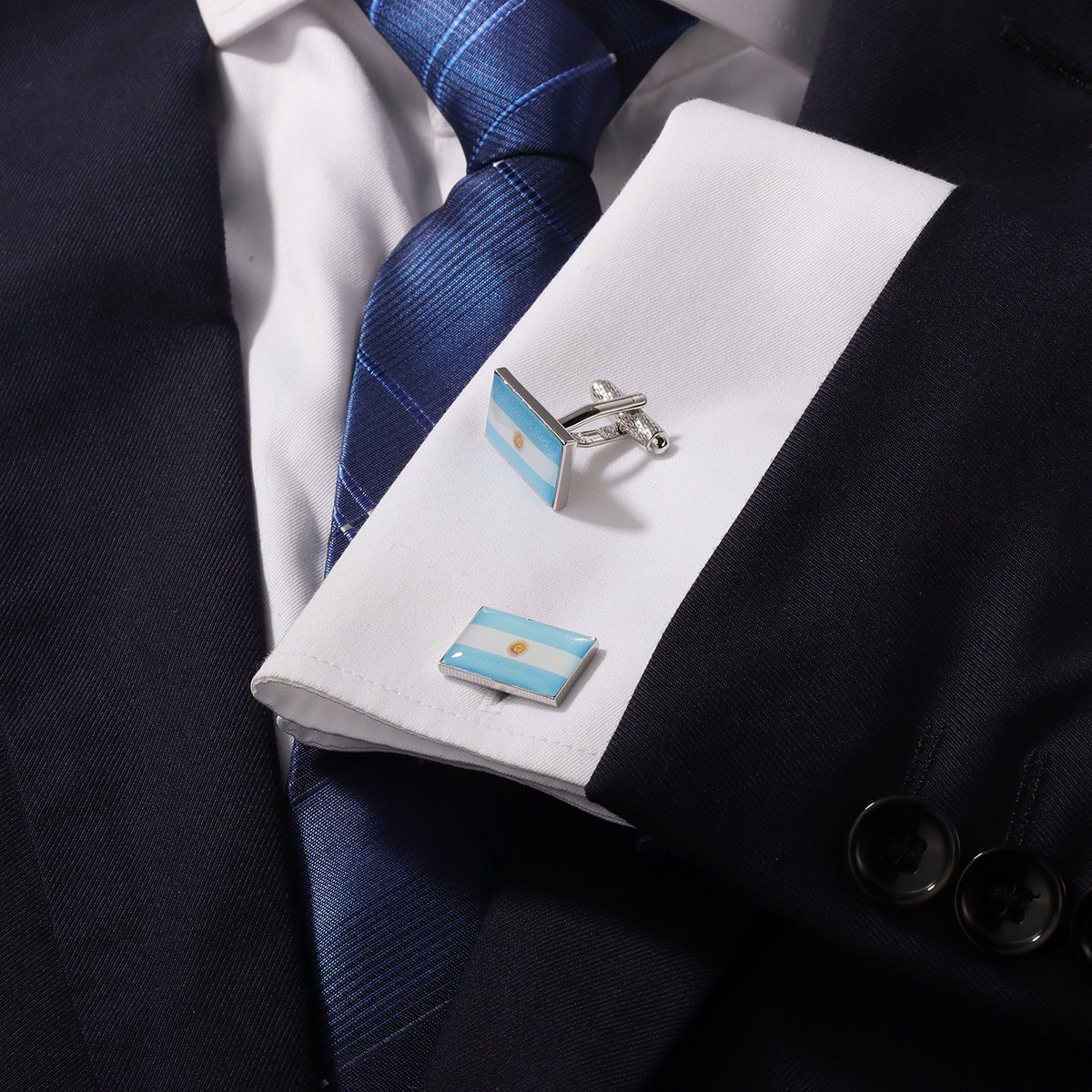 Argentina Flag Cufflinks | Silver Plated Sun of May Patriotic Cuff Links for Men