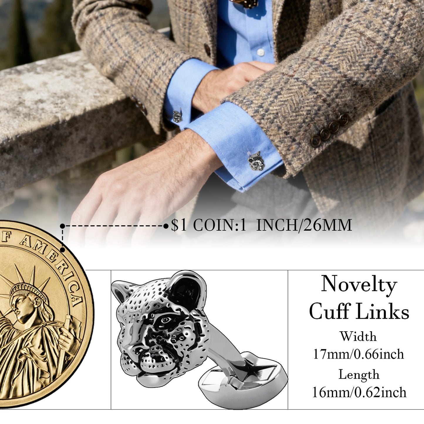 3D Leopard Head Novelty Cuff Links - Stainless Steel Animal Cufflinks