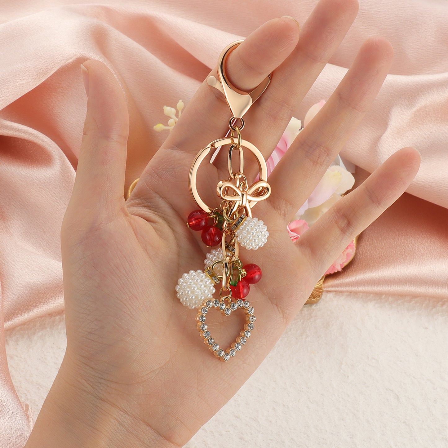 Cherry Heart Bag Charm Keychain | Fruit Pendant Purse Accessory
