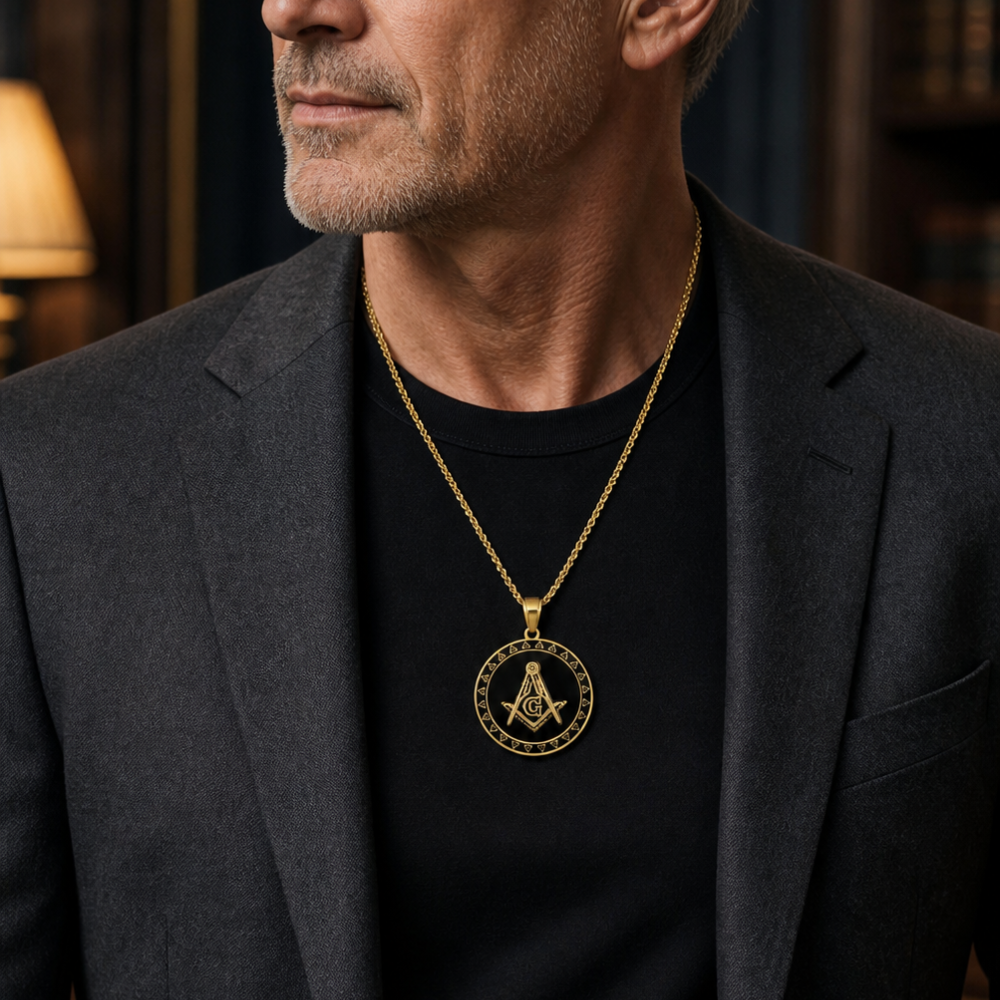 Masonic Black Enamel Pendant Necklace | Gold Stainless Steel Compass & Square