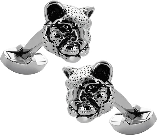 3D Leopard Head Novelty Cuff Links - Stainless Steel Animal Cufflinks