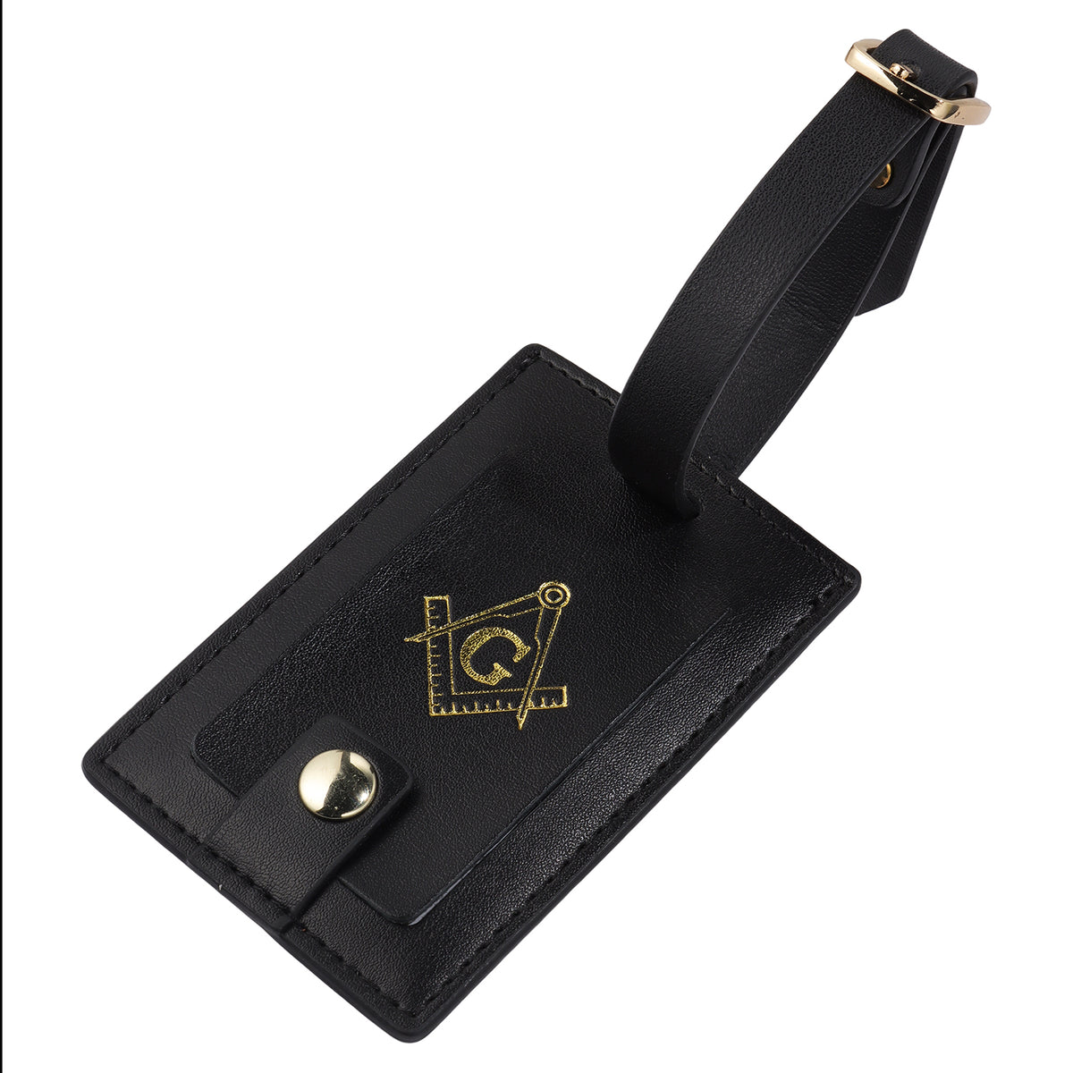 Black Genuine Leather Masonic Luggage Tag | Rectangle Snap Closure Travel ID