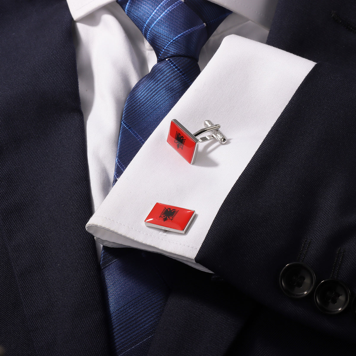 Albania Flag Cufflinks | Silver Plated Double-Headed Eagle Patriotic Cuff Links for Men