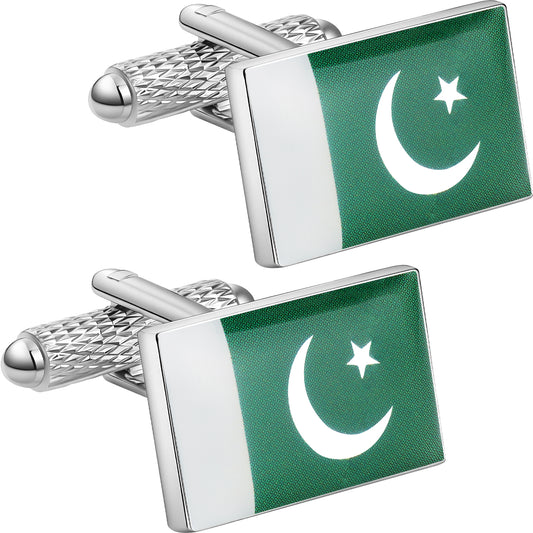 Pakistan Flag Cufflinks, Silver Plated Rectangle Pakistani Flag Cuff Links for Men