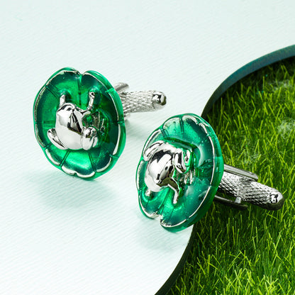 Green Lotus Leaf and Frog Cufflinks For Men With Gift Box.