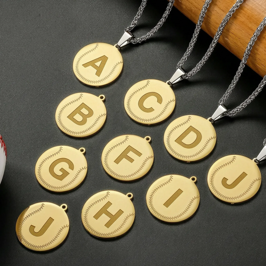 Stainless Steel A-Z Baseball-Shaped Necklace, Gold-Plated Personalized Round Pendant