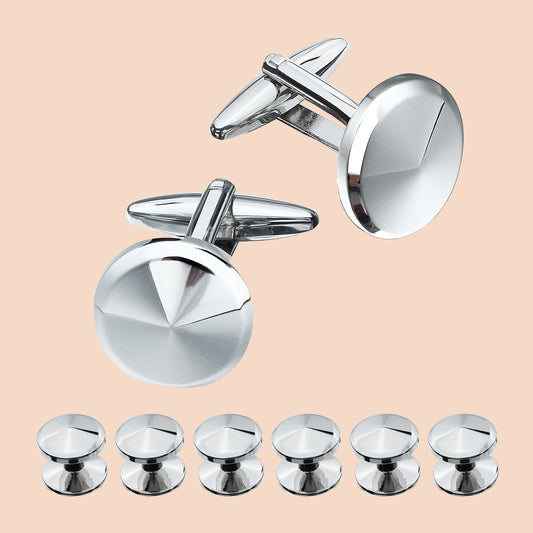 A set of silver metal cufflinks and studs, presented against a neutral background.