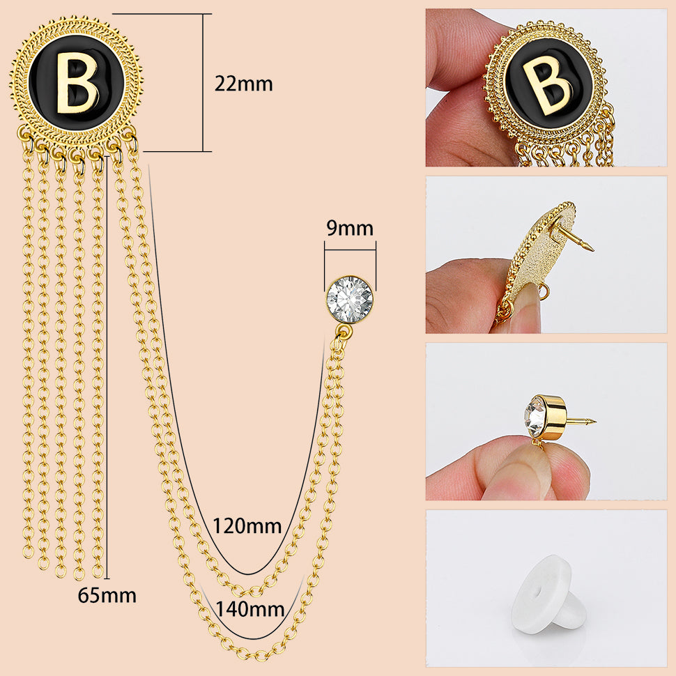 Gold Tone Initial Chain Laple Pin for Men Suits