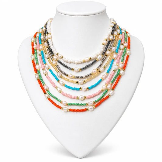 Coastal Boho Layered Necklace Set | Mixed Seed Beads & Pearl Accents