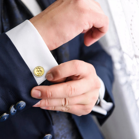 Gold Dollar Sign Cufflinks, Crystal Border Luxury Dress Shirt Cuff Links for Business Men
