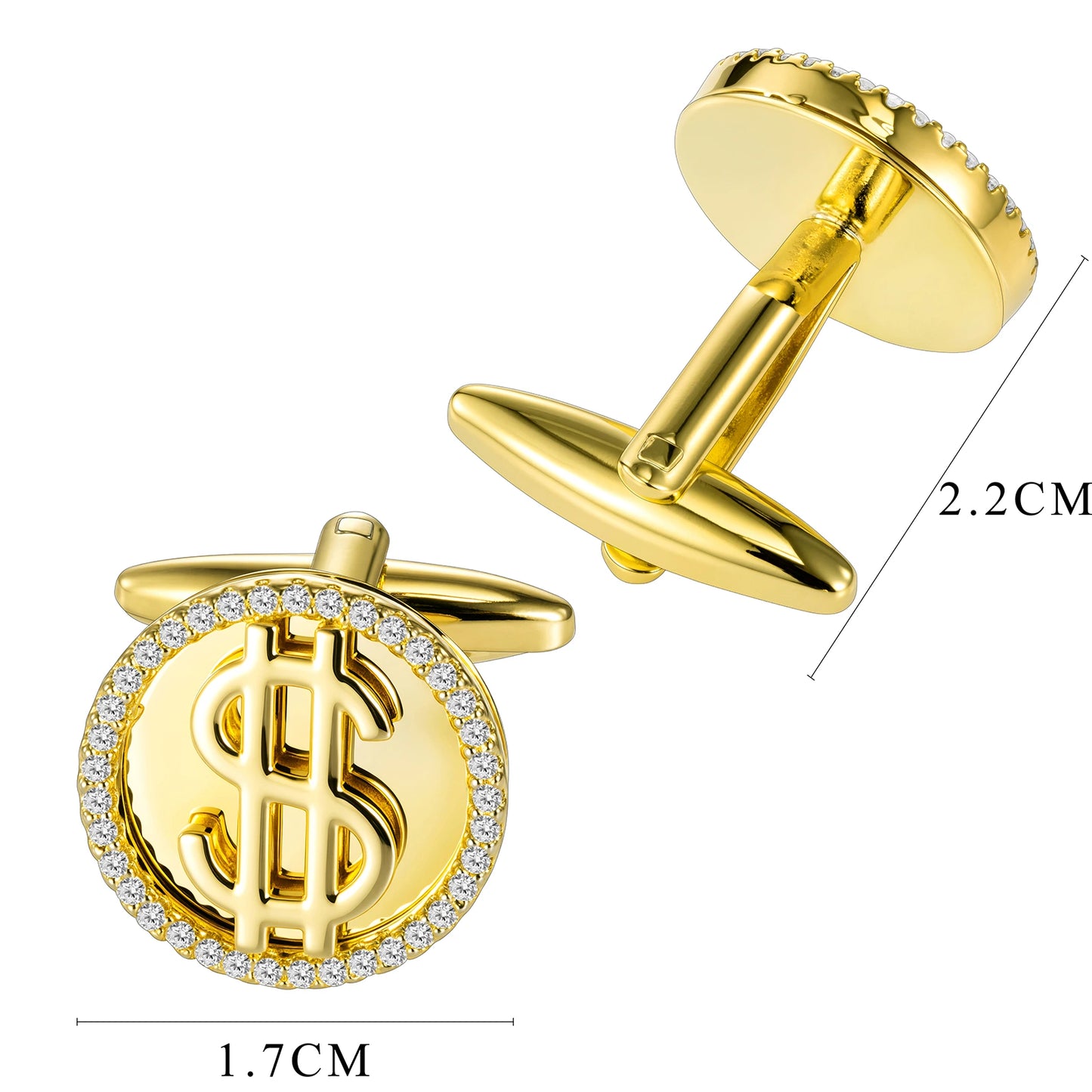 Gold Dollar Sign Cufflinks, Crystal Border Luxury Dress Shirt Cuff Links for Business Men