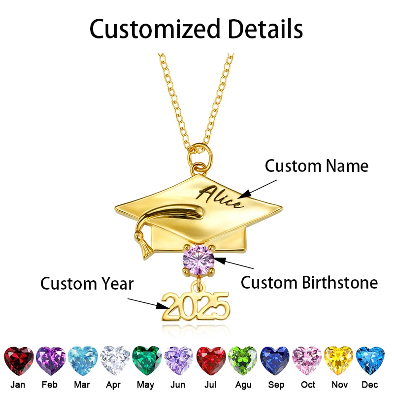Custom Gold Birthstone Year Graduation Cap Necklace Detial