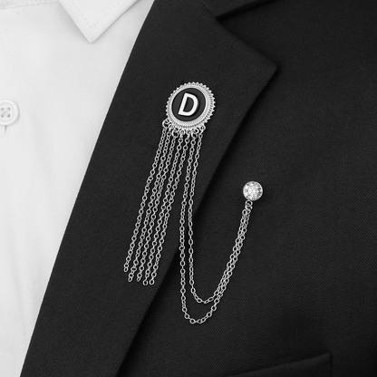 Silver Tone Initial Chain Brooch Lapel Pin for Men Suits