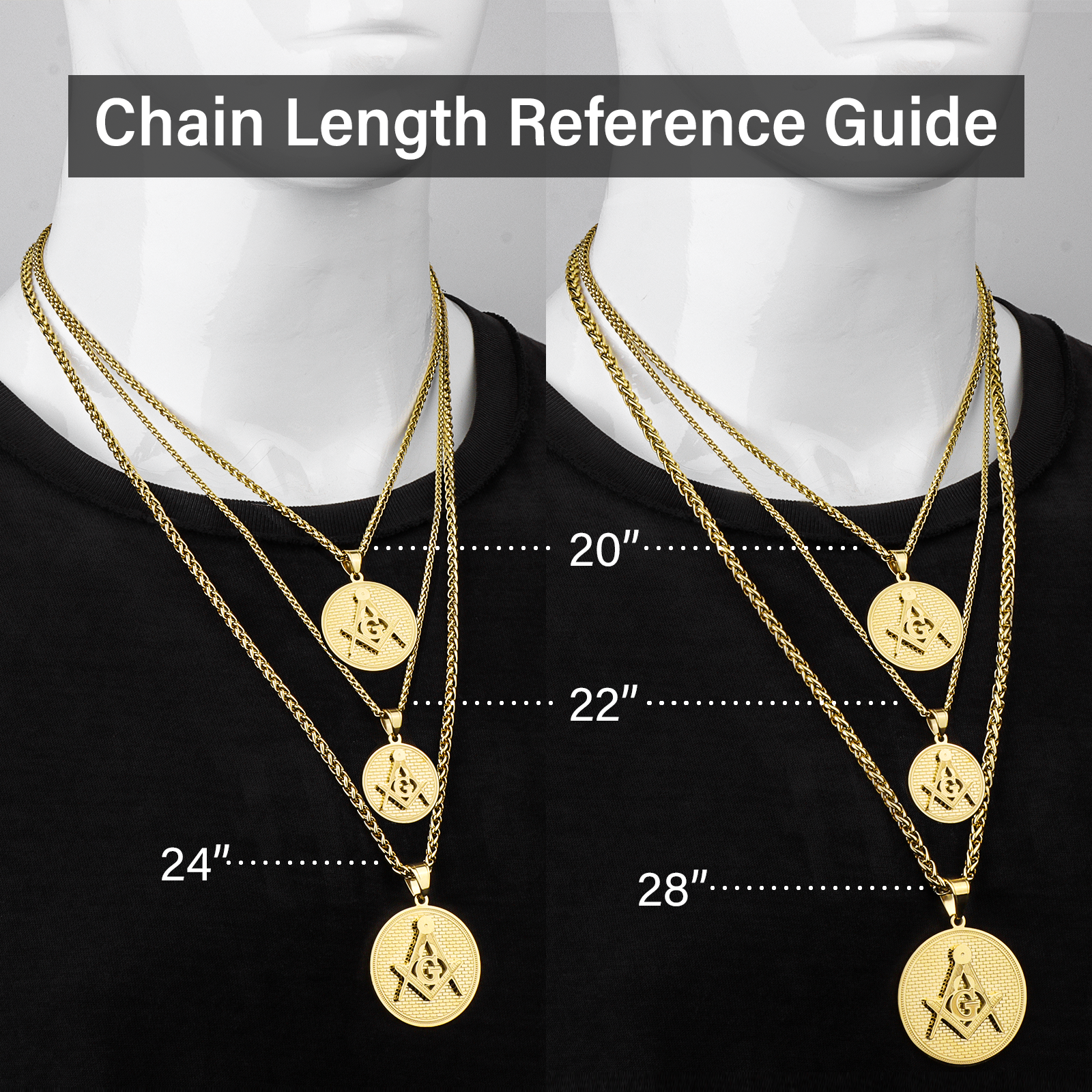 Freemasonry Necklace Chain Length Reference 20" 22" 24" 28" Length Choice