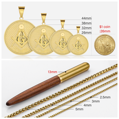 Freemasonry Necklace Chain Length Reference 20" 22" 24" 28" Length Choice，Pendant Size:26mm ,32mm,38mm,44mm