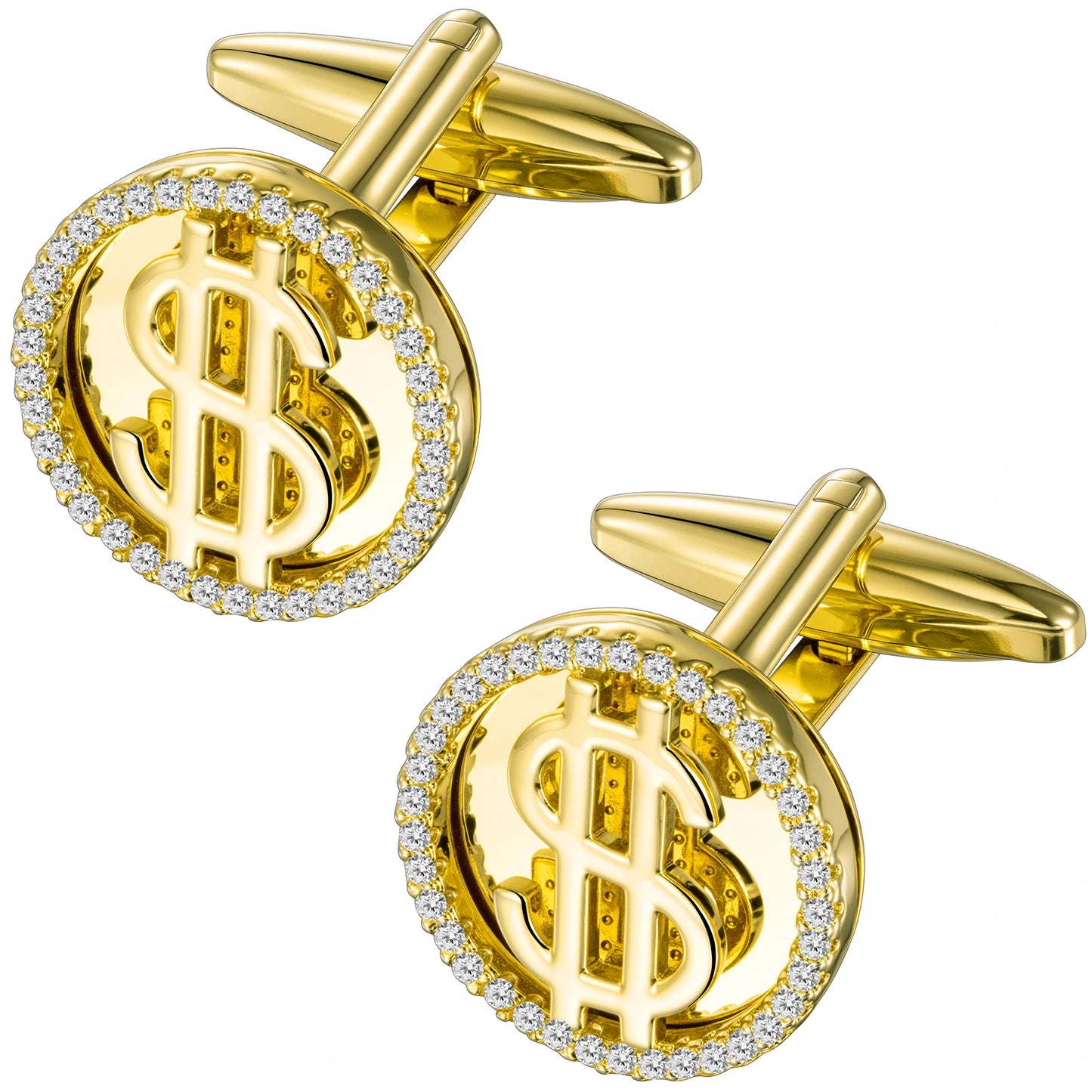 Gold Dollar Sign Cufflinks, Crystal Border Luxury Dress Shirt Cuff Links for Business Men