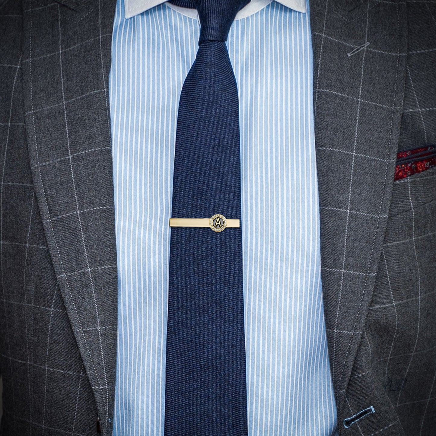 Gold Crystal A Tie Bar  Initial Tie Clip for Blue Tie