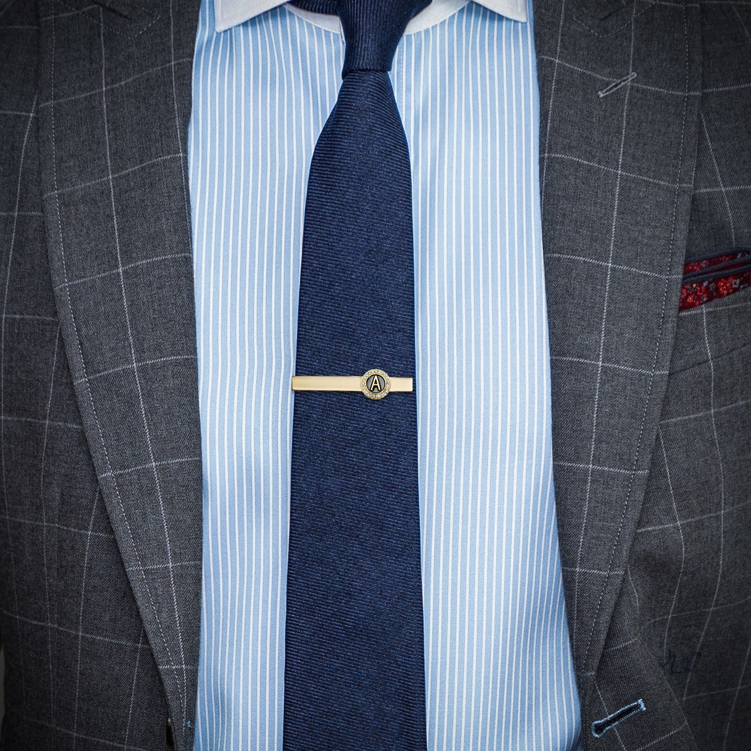 Gold Crystal A Tie Bar  Initial Tie Clip for Blue Tie