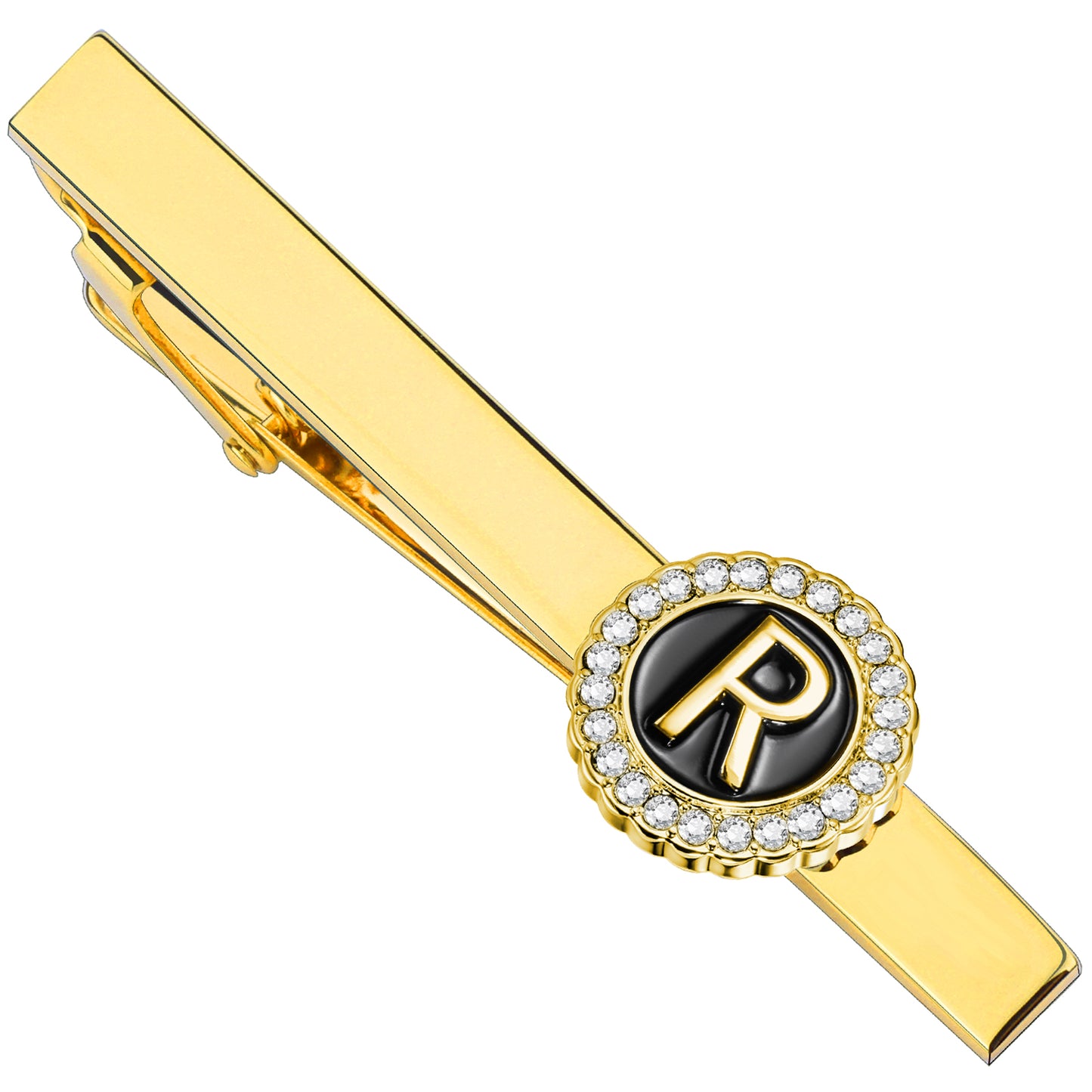 Gold Crystal Letter R Tie Bar Initial Tie Clip