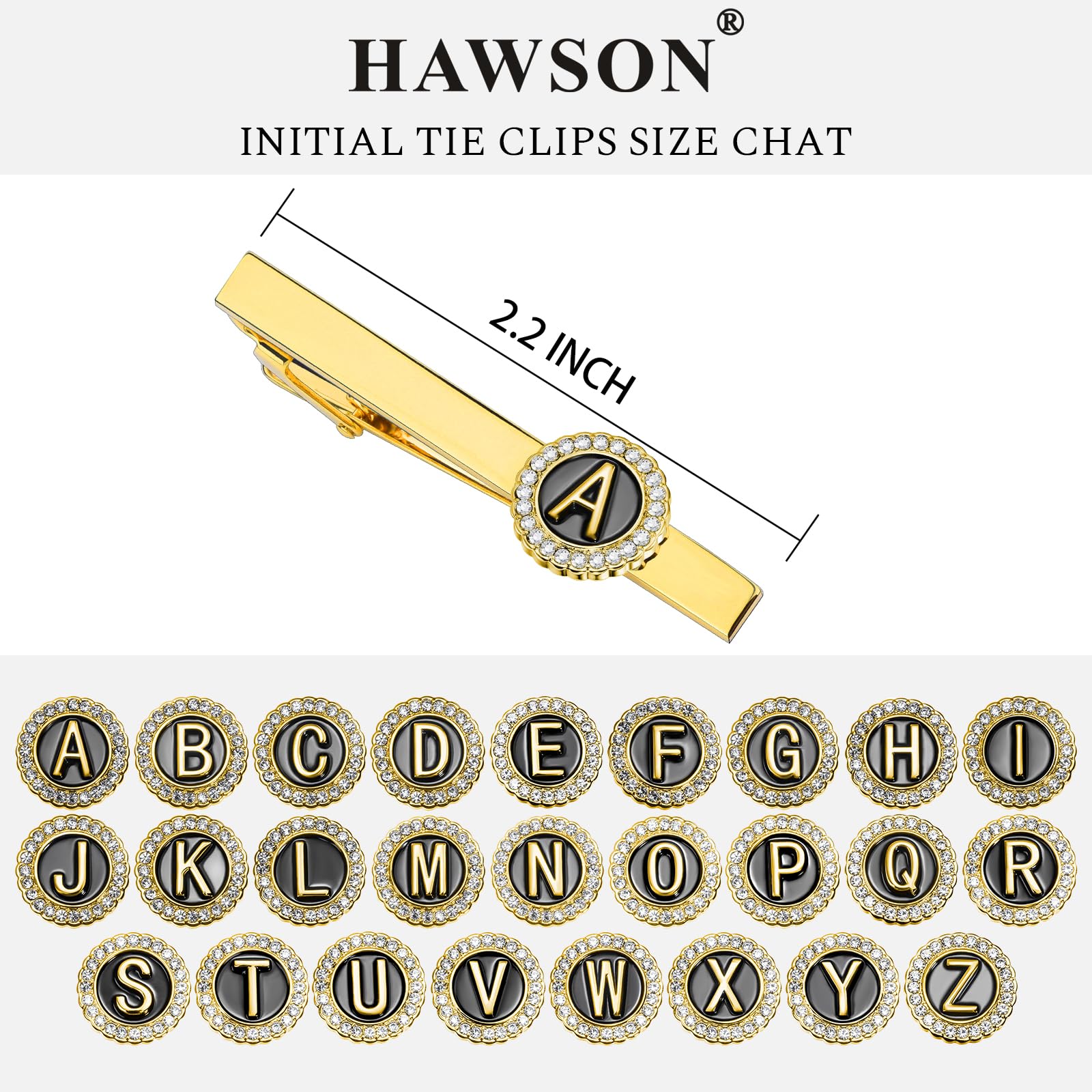 Gold Crystal Letter Tie Bar  Initial Tie Clip Size Chart