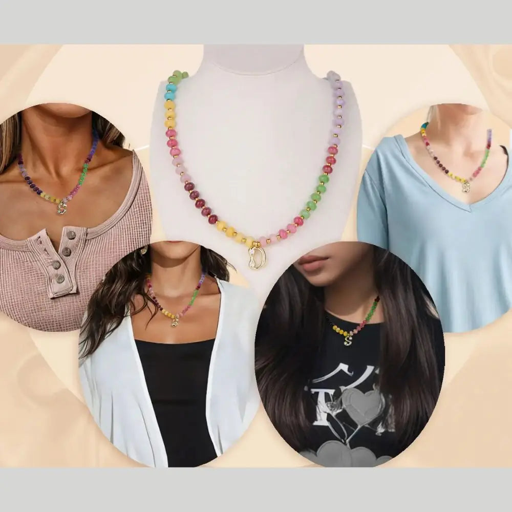 Gold Plated Beaded Necklace | A-Z | Crystal Letter Pendant | HAWSON