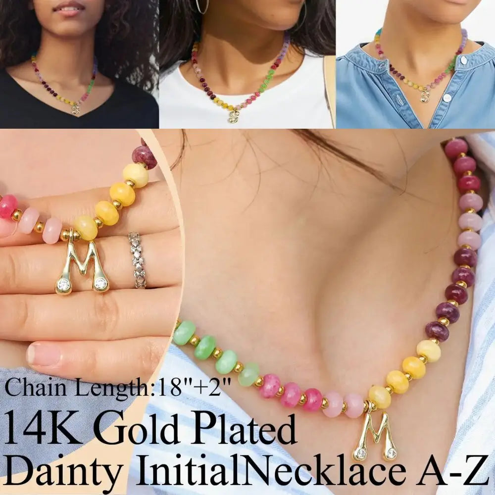 Gold Plated Beaded Necklace | A-Z | Crystal Letter Pendant | HAWSON
