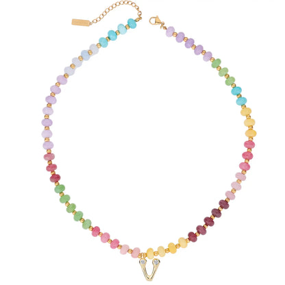 Gold Plated Beaded Necklace | A-Z | Crystal Letter Pendant | HAWSON