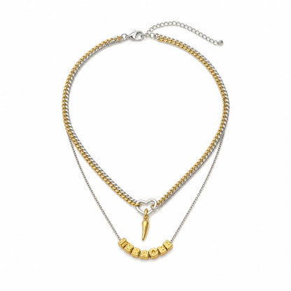 Shop a 6Pcs gold and silver mixed chain necklace set with a tennis chain, Cuban links and celestial star charm. Wear separately or layer for versatile styling.
