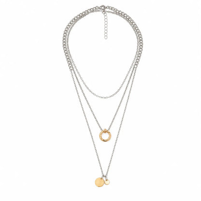 Shop a 6Pcs gold and silver mixed chain necklace set with a tennis chain, Cuban links and celestial star charm. Wear separately or layer for versatile styling.