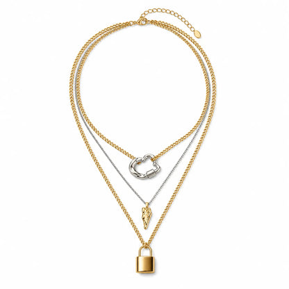 Shop a 6Pcs gold and silver mixed chain necklace set with a tennis chain, Cuban links and celestial star charm. Wear separately or layer for versatile styling.