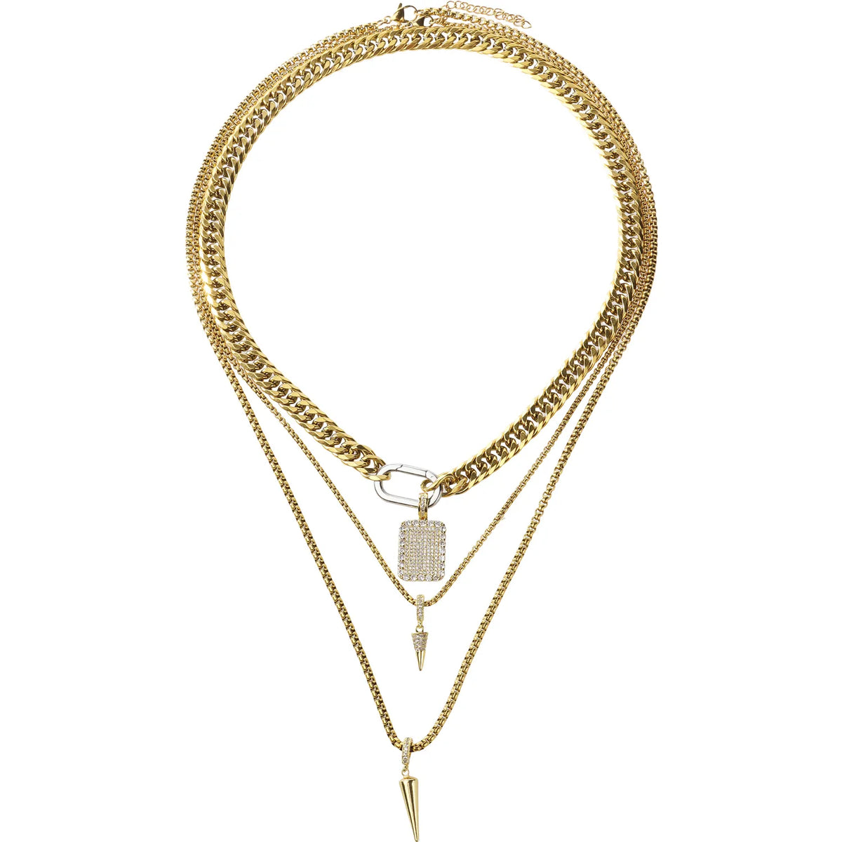 Shop a 6Pcs gold and silver mixed chain necklace set with a tennis chain, Cuban links and celestial star charm. Wear separately or layer for versatile styling.
