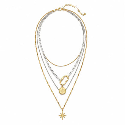 Shop a 6Pcs gold and silver mixed chain necklace set with a tennis chain, Cuban links and celestial star charm. Wear separately or layer for versatile styling.