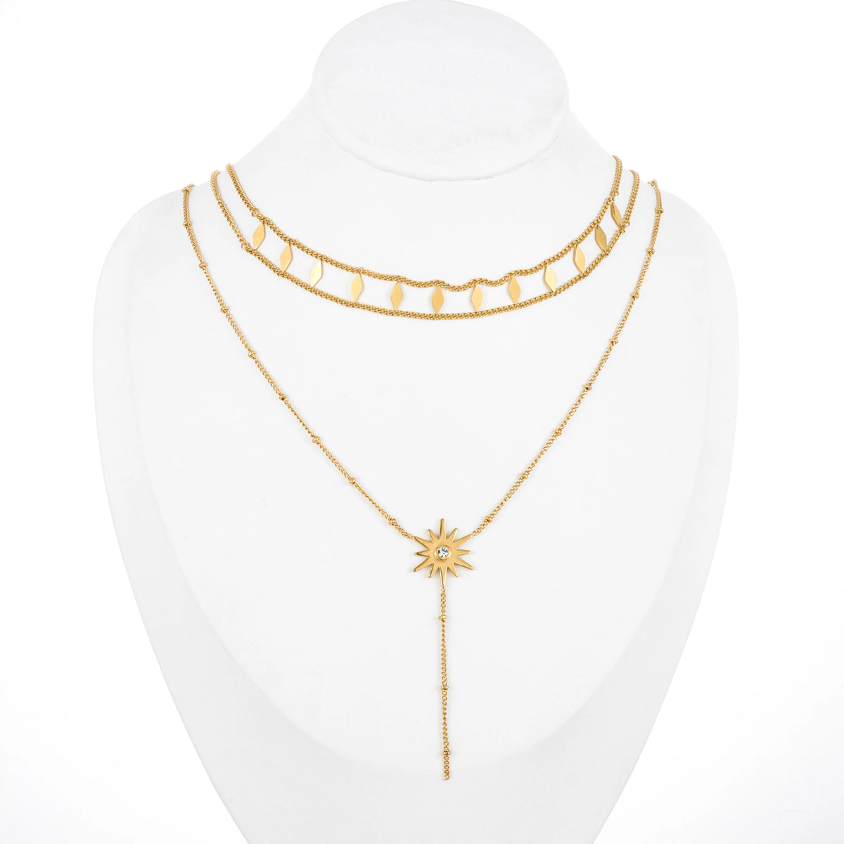 Dainty gold-tone layered necklace sets featuring delicate chains, pendants, and charms. Choose from multiple styles for an effortless stacked look.