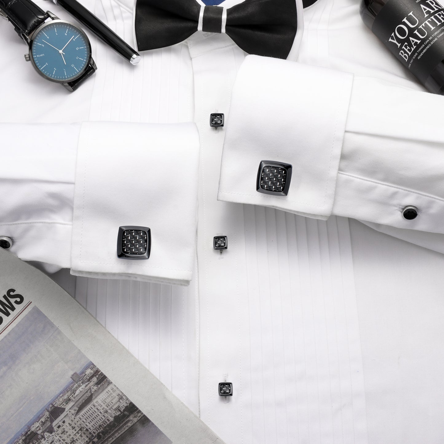 HAWSON Black Carbon Fiber Cufflinks and Studs Set