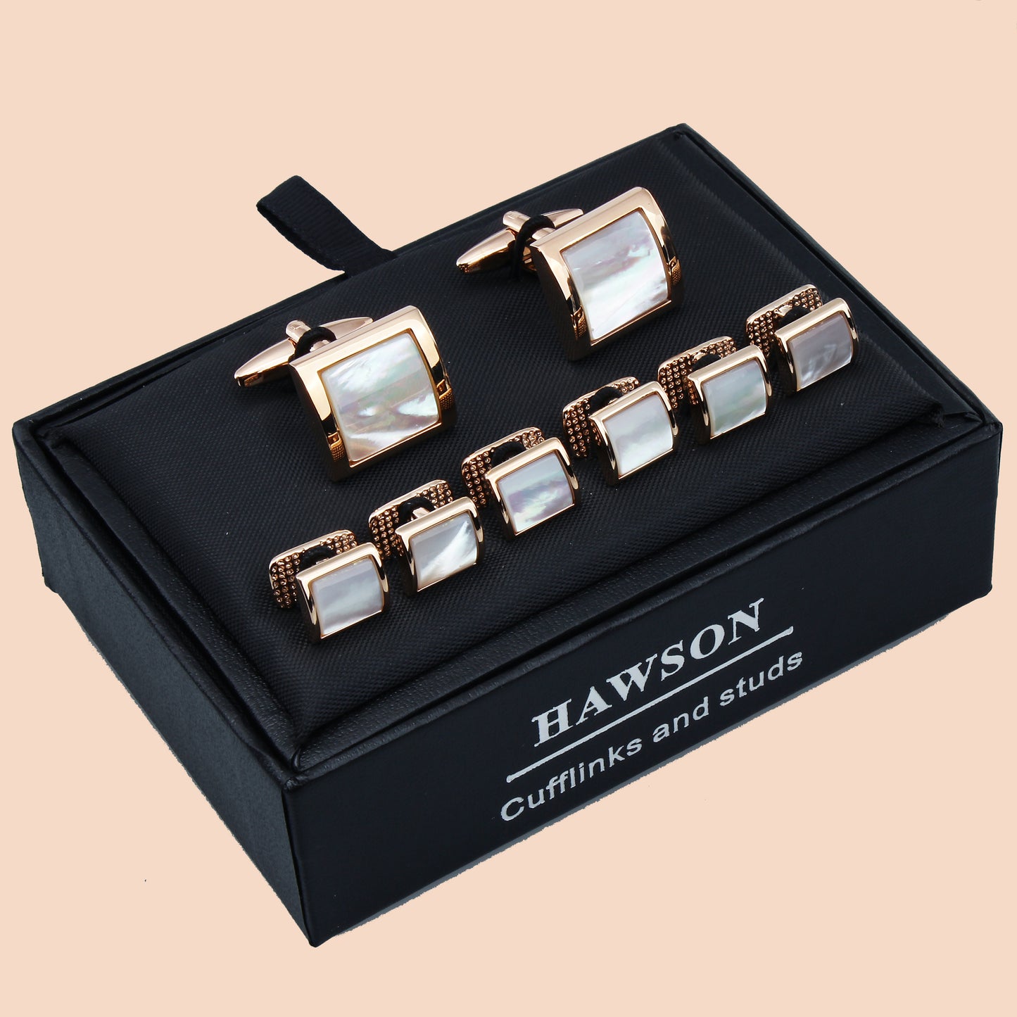 HAWSON Square-Shaped Mother of Pearl Cufflinks and Studs for Men