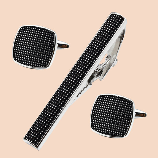 HAWSON 2 Inch Black Enamel dots Square Cufflinks and Tie Clip Set for Men