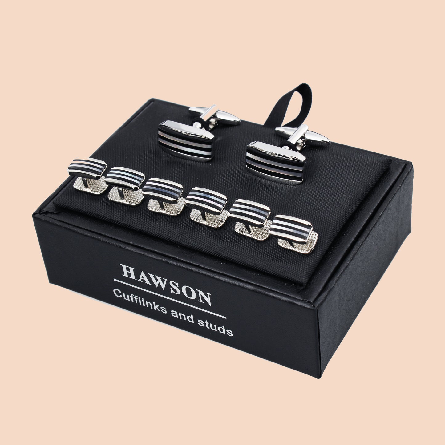 HAWSON  Stripe Silver Cufflinks and Studs Set for Men