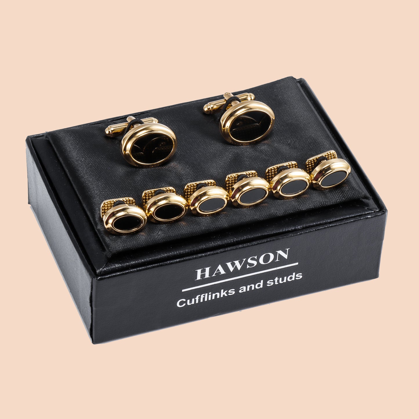 HAWSON 18K Gold Tone Cufflinks and Studs Set with Black Stone.