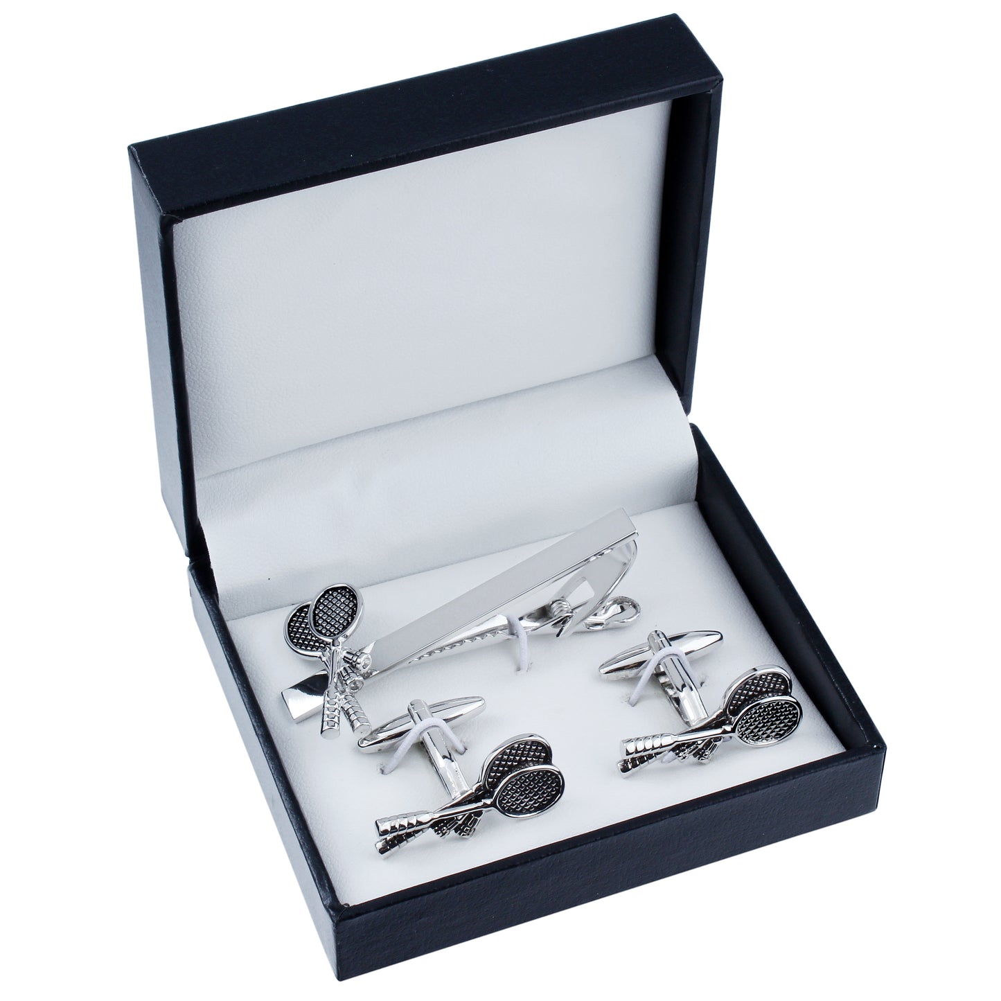 Silver Tennis Racket Pattern Men's Cufflinks And Tie Clip Set Formal Suit Accessories