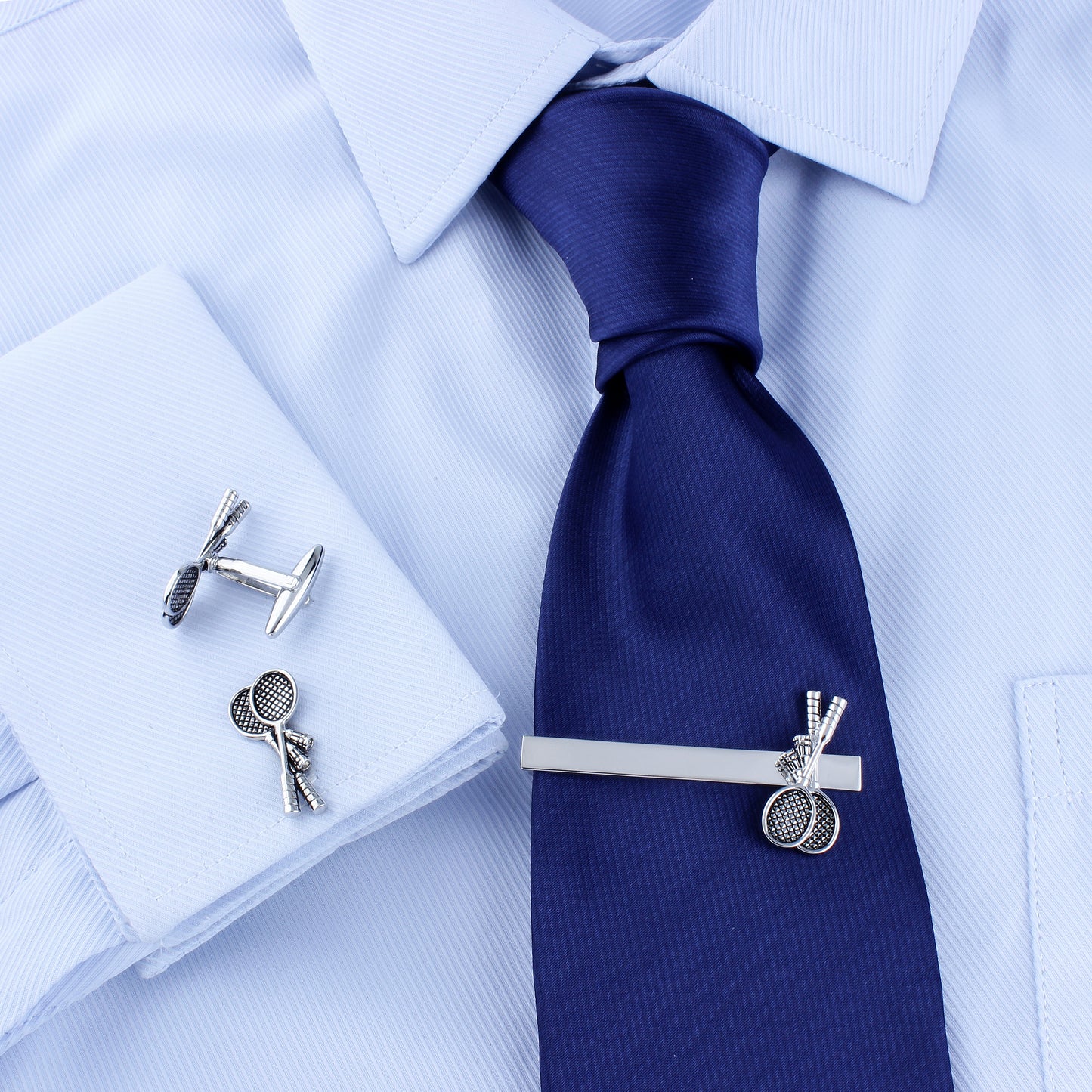 Silver Tennis Racket Pattern Men's Cufflinks And Tie Clip Set Formal Suit Accessories
